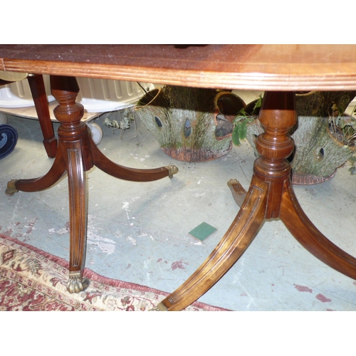 173 - Reproduction mahogany twin pedestal D-end dining table with single leaf, length 84ins, width 38ins