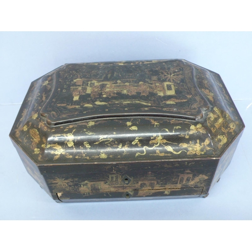 18 - Early 19thC octagonal black laquered sewing/writing box with gilt Chinoiserie decoration, bone fitti... 