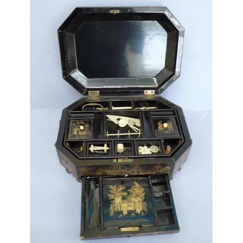 18 - Early 19thC octagonal black laquered sewing/writing box with gilt Chinoiserie decoration, bone fitti... 