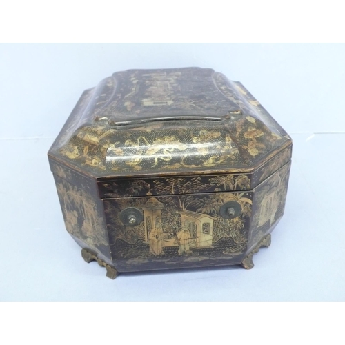 18 - Early 19thC octagonal black laquered sewing/writing box with gilt Chinoiserie decoration, bone fitti... 