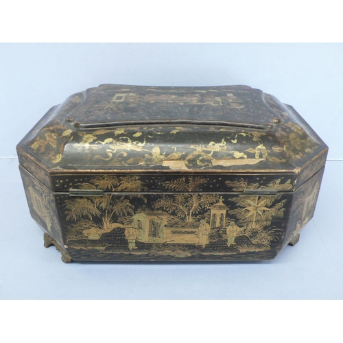 18 - Early 19thC octagonal black laquered sewing/writing box with gilt Chinoiserie decoration, bone fitti... 