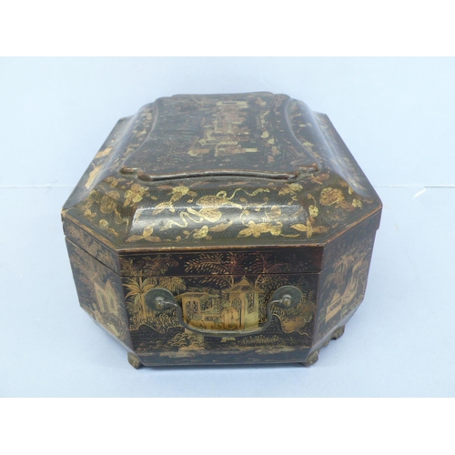 18 - Early 19thC octagonal black laquered sewing/writing box with gilt Chinoiserie decoration, bone fitti... 