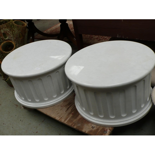 181 - Two circular white marble fluted pedestals - diameter 21 in, height 12 ins approx