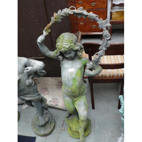 186 - A lead figure of a child holding a garland aloft - height 48 ins approx