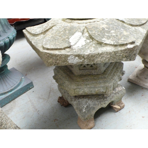 188 - Two Japanese style garden stone ornaments one in the form of a pagoda - tallest 22 ins