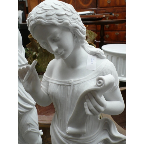 201 - A white Carrara female figure of the Scribe - height 32 in approx