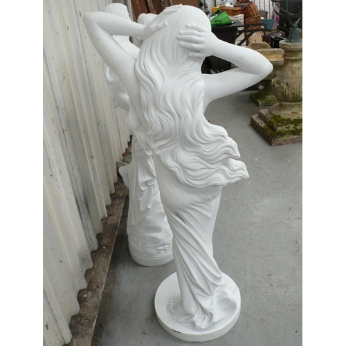 209 - A white Carrara marble of a semi-naked woman with long hair holding her head - height 60 ins