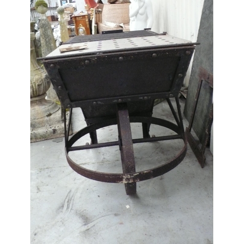 222 - A riveted iron barrow converted into a BBQ, length 61ins