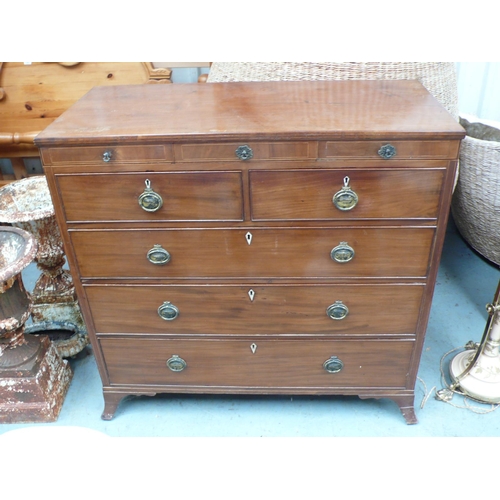 225 - Regency mahogany chest of secret central drawer, two short and three long drawers on splayed bracket... 