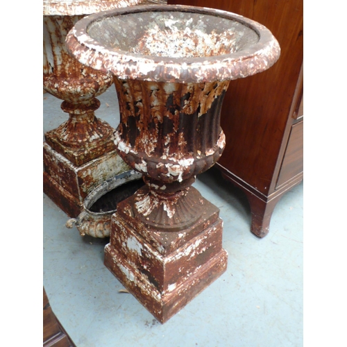 226 - Pair of cast iron fluted garden urns on pedestals, height 27ins, diameter 15ins, plus one