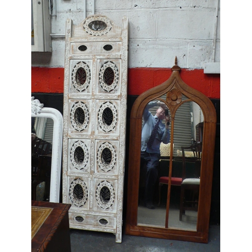 230 - White painted wall mirror, hardwood wall mirror and carved painted two fold screen, largest mirror 4... 