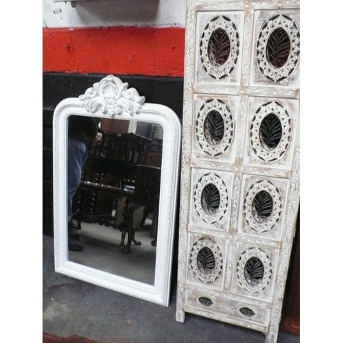 230 - White painted wall mirror, hardwood wall mirror and carved painted two fold screen, largest mirror 4... 