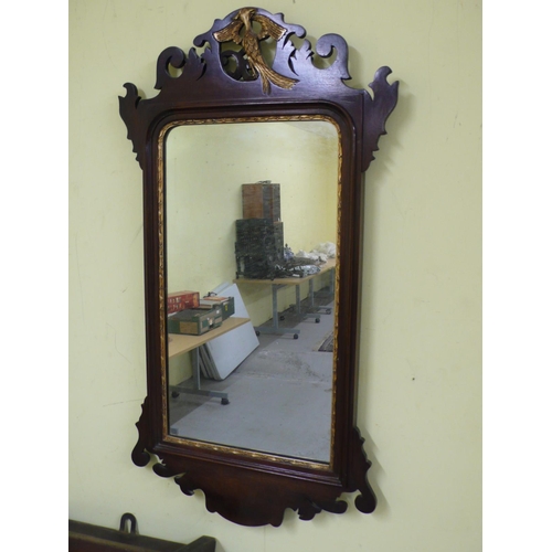 240 - A Chippendale style mahogany fretwork wall mirror with gilt ho ho bird to top, 39x19.5ins