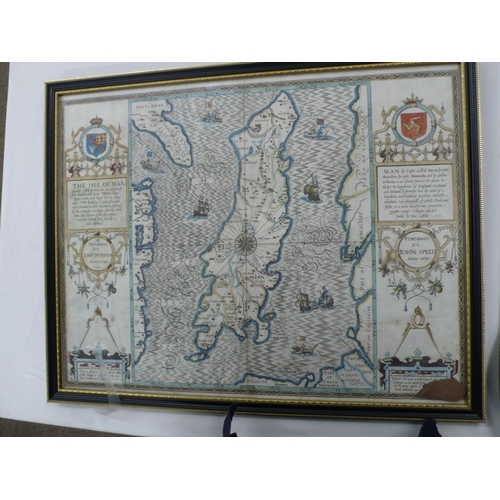 242 - John Speed 1627, Map of the Isle of Man, handcoloured, double glazed