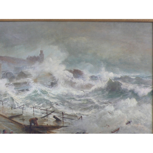 243 - John Holland (1857-1920) British, Storm Seas Breaching the Northern End of the Promenade - Douglas, ... 