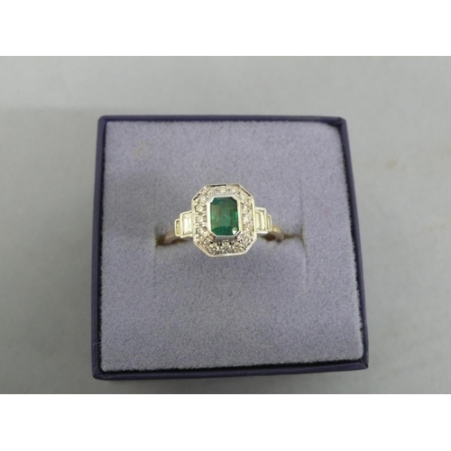 246 - 18ct white and yellow gold Art Deco style emerald and diamond cluster ring, size N