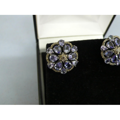 248 - Pair of large ornate tanzanite and diamond cluster earstuds set in silver