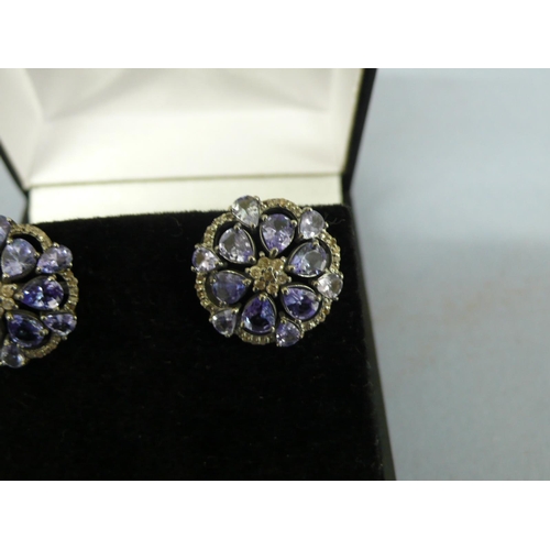 248 - Pair of large ornate tanzanite and diamond cluster earstuds set in silver