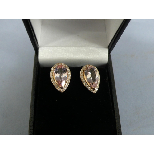 249 - Pair of 18ct rose gold pear shaped morganite and diamond cluster ear studs, morganites approx 3.5cts