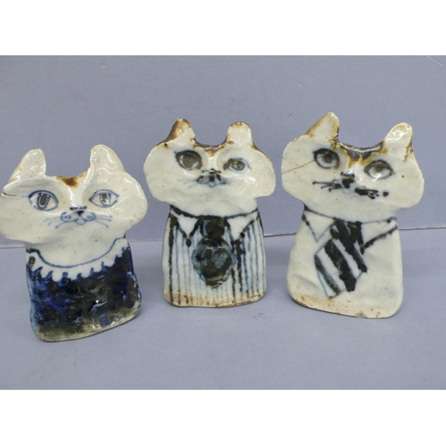 252 - Mary Rich - Three stoneware porcelain blue and white cat ornaments, height 4.1ins