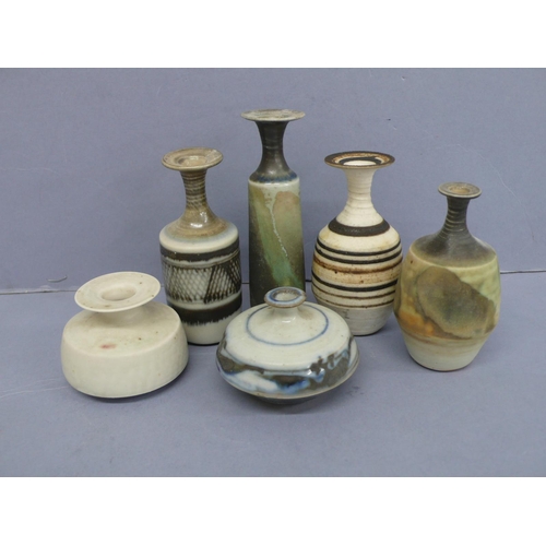 253 - Mary Rich, six stoneware porcelain small vases of various shapes and decorations, tallest 4.25ins, a... 