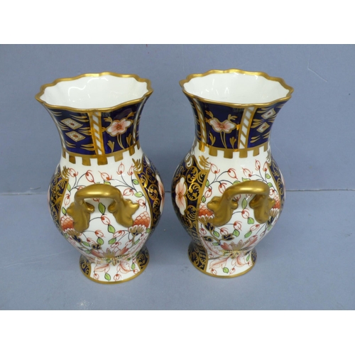 261 - Pair of Royal Crown Derby Imari cigar leaf pattern two handled fluted top vases, height 6ins, circa ... 