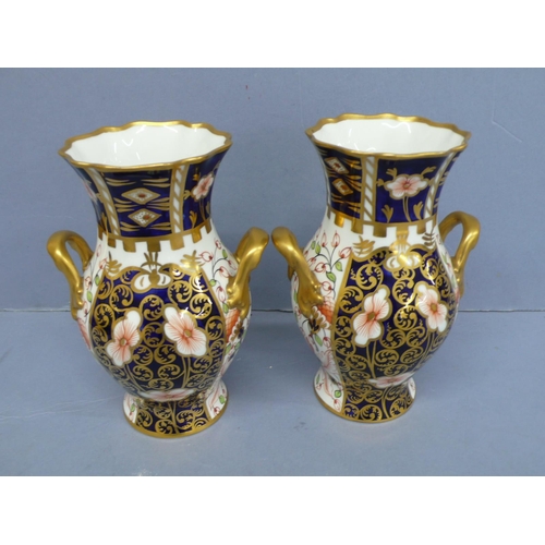 261 - Pair of Royal Crown Derby Imari cigar leaf pattern two handled fluted top vases, height 6ins, circa ... 