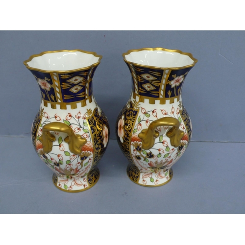 261 - Pair of Royal Crown Derby Imari cigar leaf pattern two handled fluted top vases, height 6ins, circa ... 