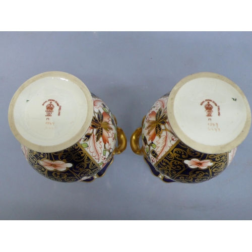 261 - Pair of Royal Crown Derby Imari cigar leaf pattern two handled fluted top vases, height 6ins, circa ... 