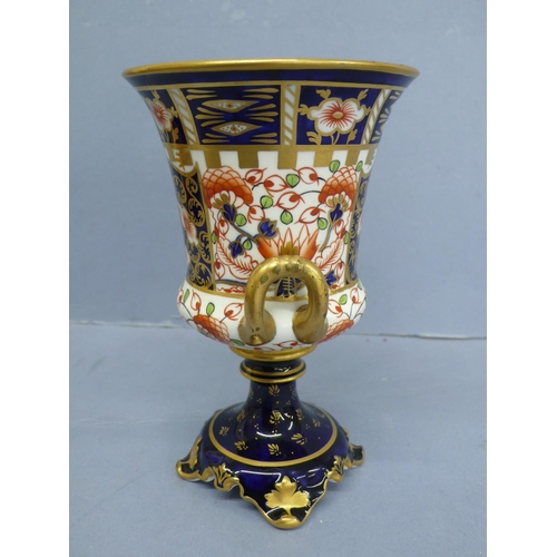 263 - Royal Crown Derby Imari cigar leaf pattern two handled urn, height 5.75ins, circa 1907