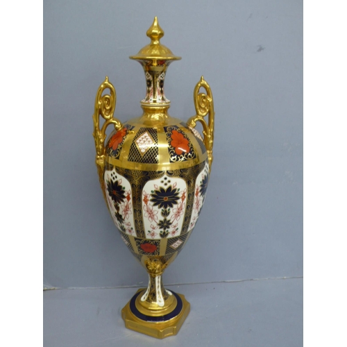 267 - Royal Crown Derby Imari cigar leaf pattern two handled urn, height 16ins, slight cracking to top