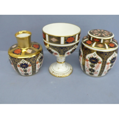 268 - Four items of Royal Crown Derby Imari cigar leaf pattern, 1) ginger jar, 2) goblet, 3) vase, 4) two ... 