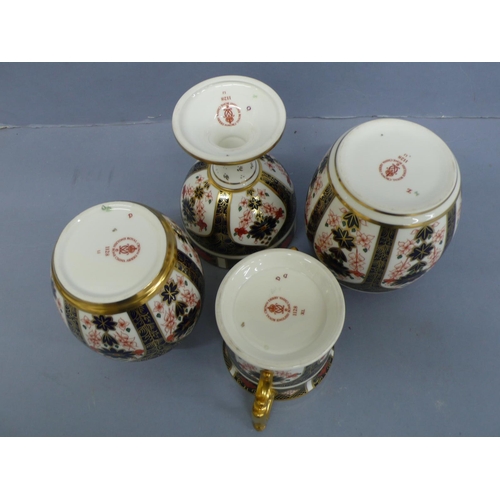 268 - Four items of Royal Crown Derby Imari cigar leaf pattern, 1) ginger jar, 2) goblet, 3) vase, 4) two ... 