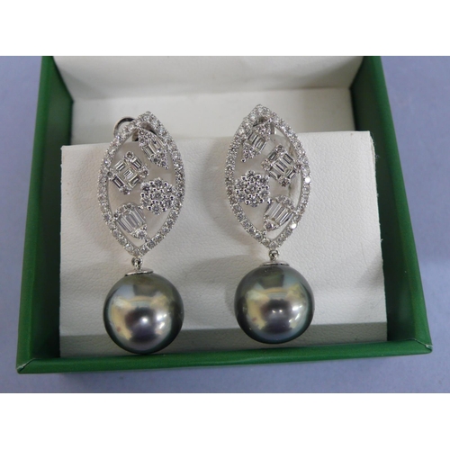 27 - Pair of 18ct white gold designer drop earrings with marquise shaped open diamond tops and Tahitian p... 