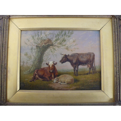 270 - 18th/19thC Dutch School, Cows and a sheep by a tree, oil on mahogany panel, 6x8ins