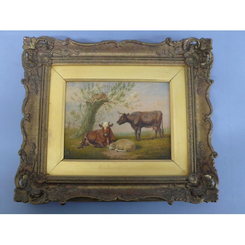 270 - 18th/19thC Dutch School, Cows and a sheep by a tree, oil on mahogany panel, 6x8ins