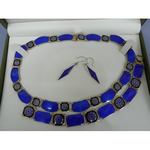 276 - David Andersen silver blue and black enamel panel necklace, bracelet and diamond shaped drop earring... 