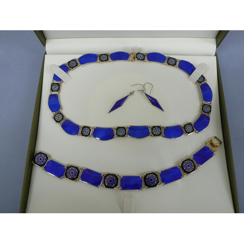 276 - David Andersen silver blue and black enamel panel necklace, bracelet and diamond shaped drop earring... 