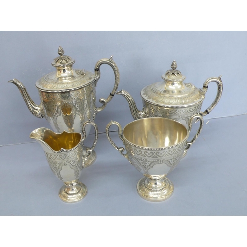 3 - Victorian four piece silver tea and coffee service with pine cone finial, bead borders, engraved dec... 