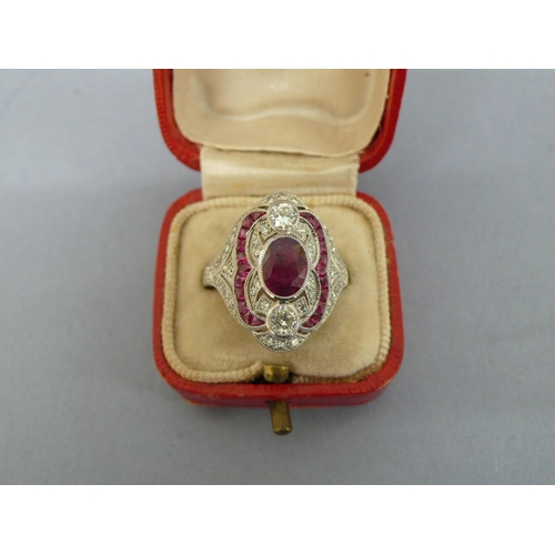 30 - Platinum ornate ruby and diamond cluster sing, size N/O