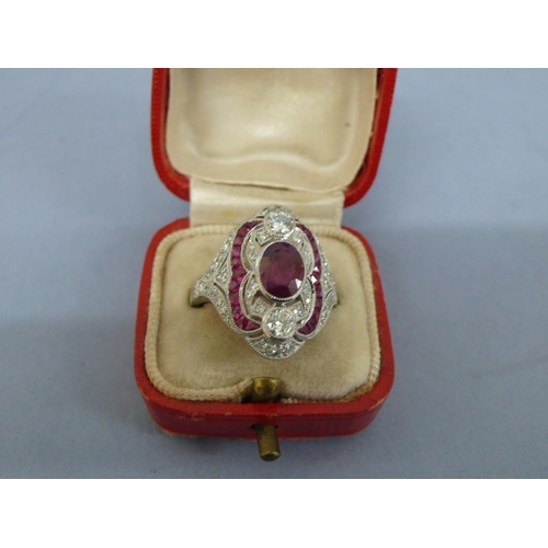 30 - Platinum ornate ruby and diamond cluster sing, size N/O