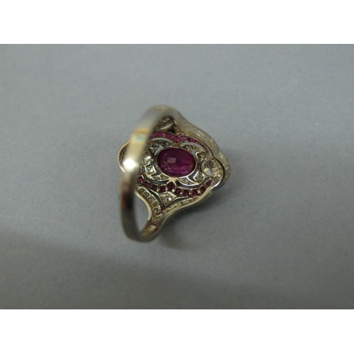 30 - Platinum ornate ruby and diamond cluster sing, size N/O