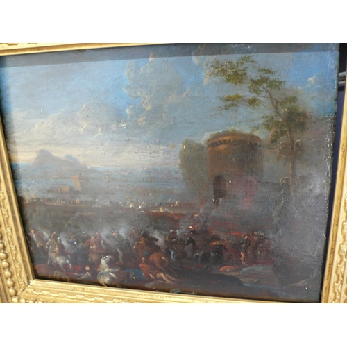 34 - 18thC continental school, Battle by a Castle, oil on oak panel, in a heavy gilt frame, 9x11ins