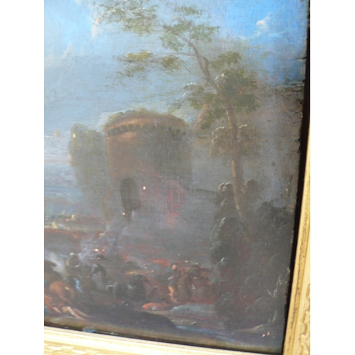 34 - 18thC continental school, Battle by a Castle, oil on oak panel, in a heavy gilt frame, 9x11ins