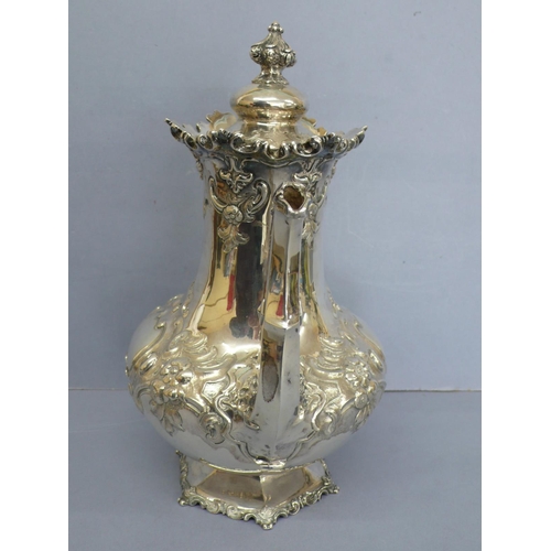 4 - Victorian foliate chased silver coffee pot with lobed finial, London 1854, maker George Angell, 32oz... 