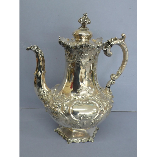 4 - Victorian foliate chased silver coffee pot with lobed finial, London 1854, maker George Angell, 32oz... 