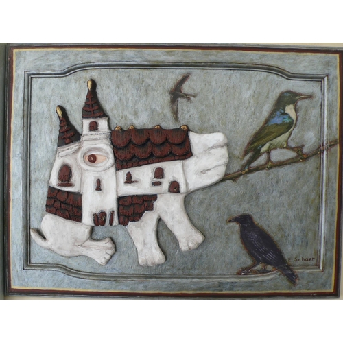 41 - Eileen Schaer, The Dog House, acrylic and mixed media on board, signed, 18x24ins including frame