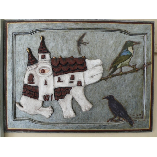 41 - Eileen Schaer, The Dog House, acrylic and mixed media on board, signed, 18x24ins including frame