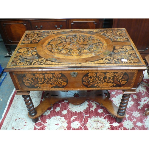 54 - An 18thC Dutch marquetry table with single drawer having decoration of birds, flowers, vases in box ... 