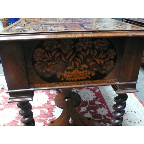 54 - An 18thC Dutch marquetry table with single drawer having decoration of birds, flowers, vases in box ... 